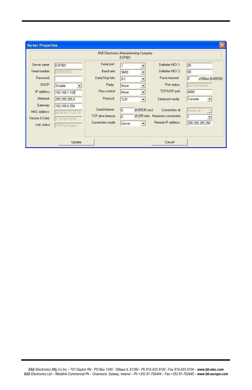 Escription of the, Erver, Roperties | Server name, Serial number, Password, Dhcp, Description of the server properties | B&B Electronics ESP902 - Manual User Manual | Page 40 / 91