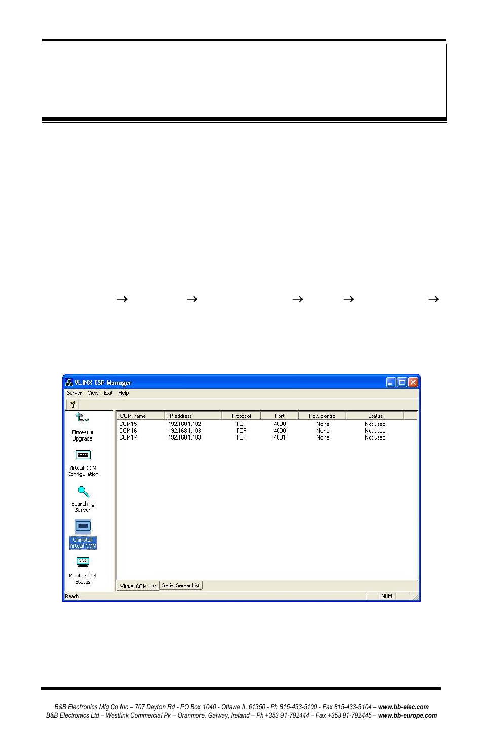 Chapter 7: removing virtual com ports, Emoving the, Irtual | Port with, Anager | B&B Electronics ESP902 - Manual User Manual | Page 57 / 91