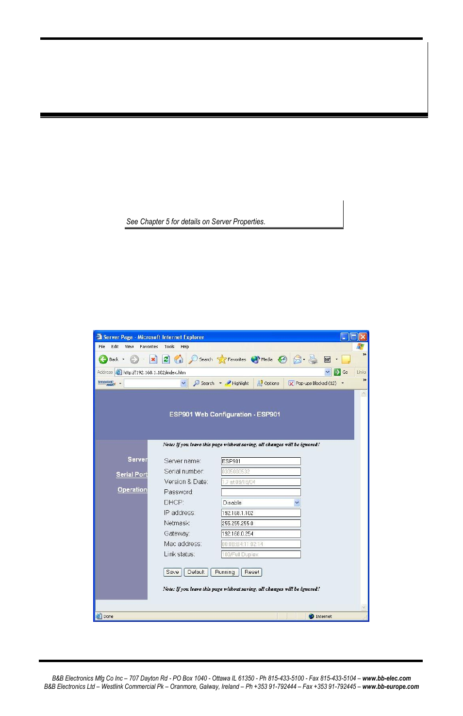 Chapter 10: using the web server, Etting, Erver | Roperties | B&B Electronics ESP902 - Manual User Manual | Page 67 / 91