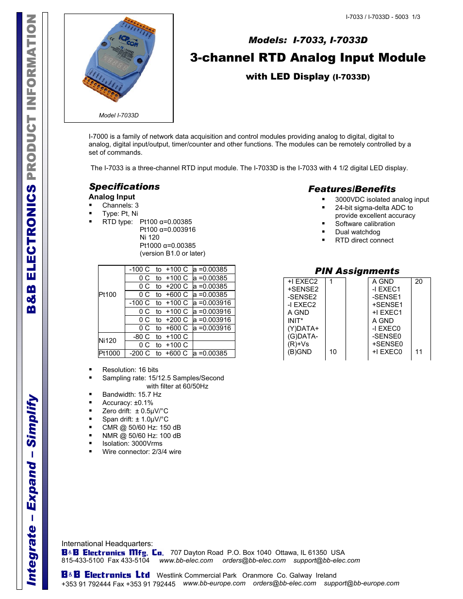 B&B Electronics I-7033 - Datasheet User Manual | 3 pages