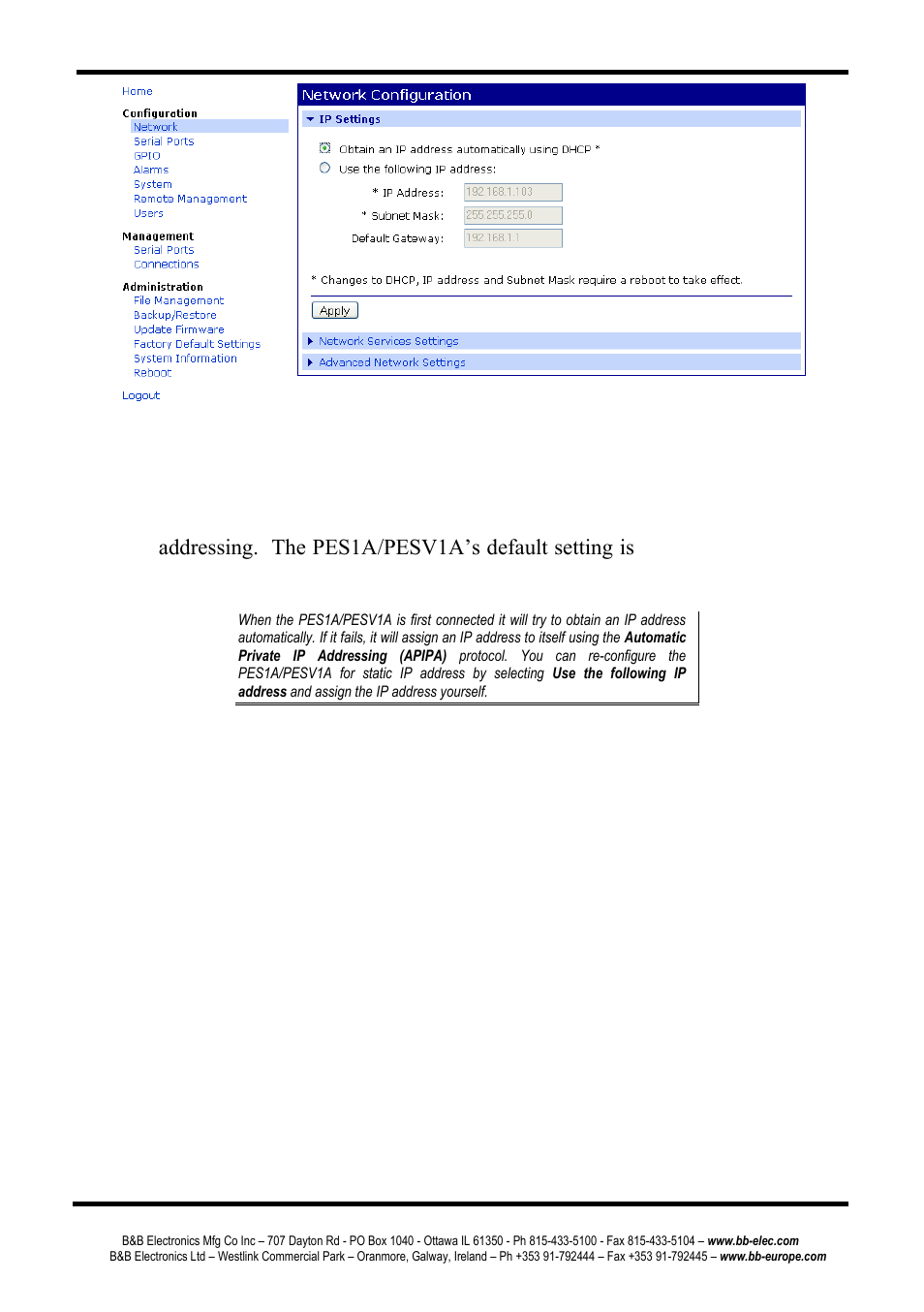 Ip settings, Network services settings | B&B Electronics PESV1A - Manual User Manual | Page 27 / 60