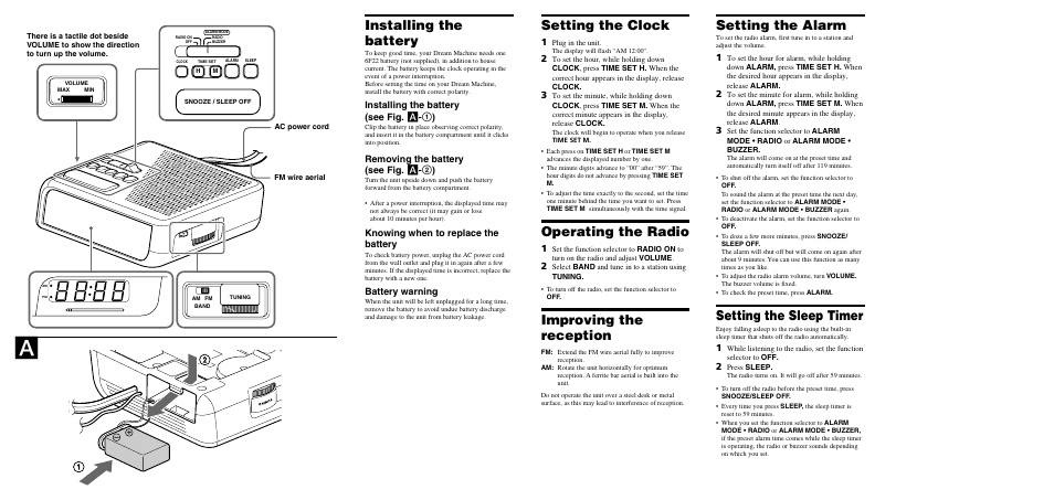 Installing the battery, Setting the clock, Operating the radio | Improving the reception, Setting the alarm, Setting the sleep timer, Installing the battery (see fig. a - 1 ), Removing the battery (see fig. a - 2 ), Knowing when to replace the battery, Battery warning | Sony ICF-C205 User Manual | Page 2 / 2