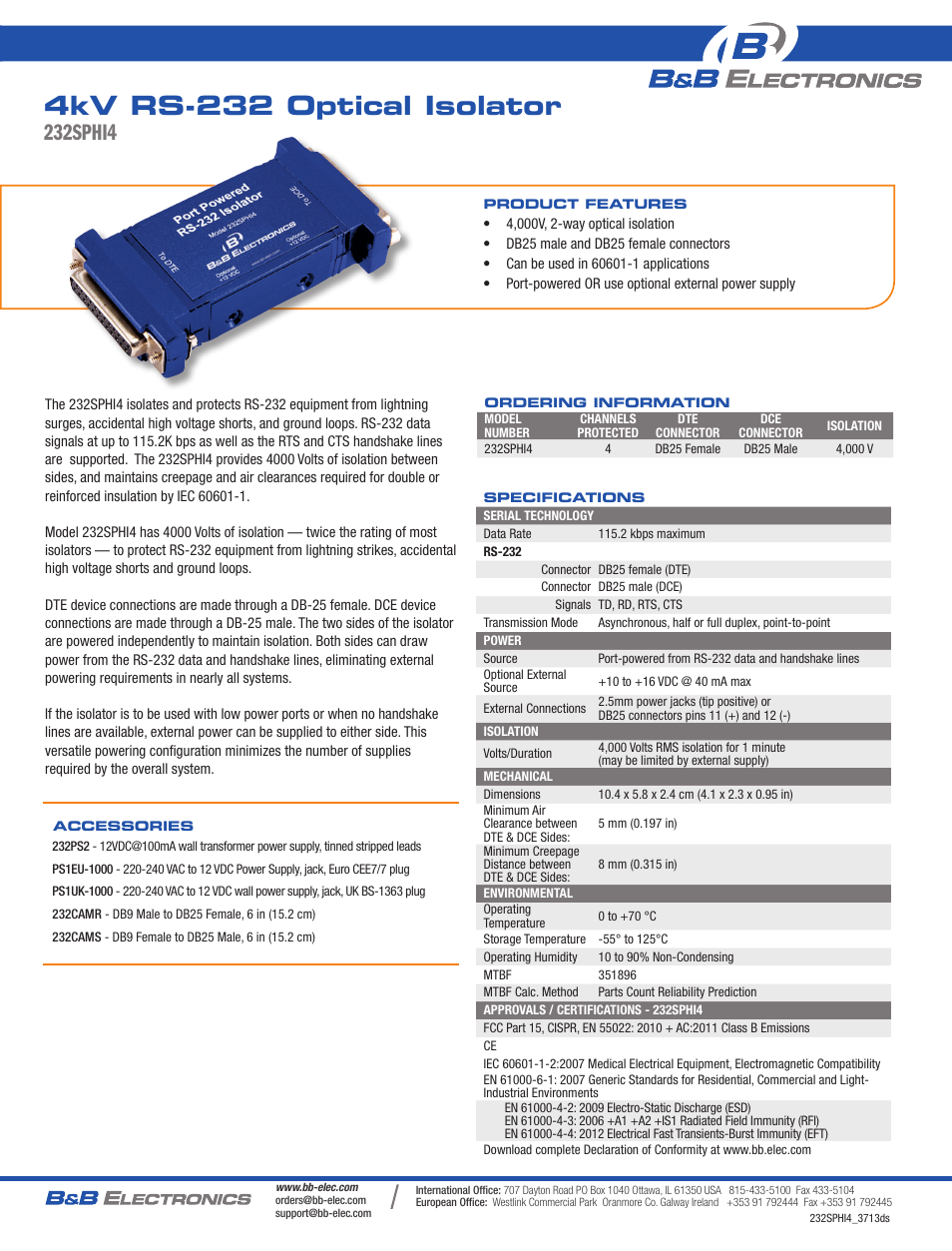 B&B Electronics 232SPHI4 - Datasheet User Manual | 1 page