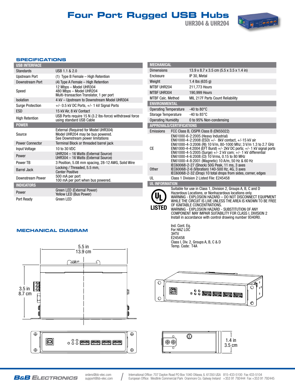 Four port rugged usb hubs, Listed | B&B Electronics UHR304 - Datasheet User Manual | Page 2 / 2