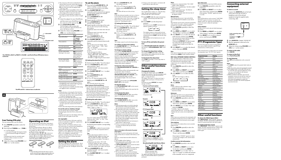 Setting the alarm, Setting the sleep timer, Other useful functions for dab | Pty (programme type), Other useful functions, Connecting external equipment, Operating an ipod, Scan tuning (fm only) | Sony 4-199-738-13(1) User Manual | Page 2 / 2