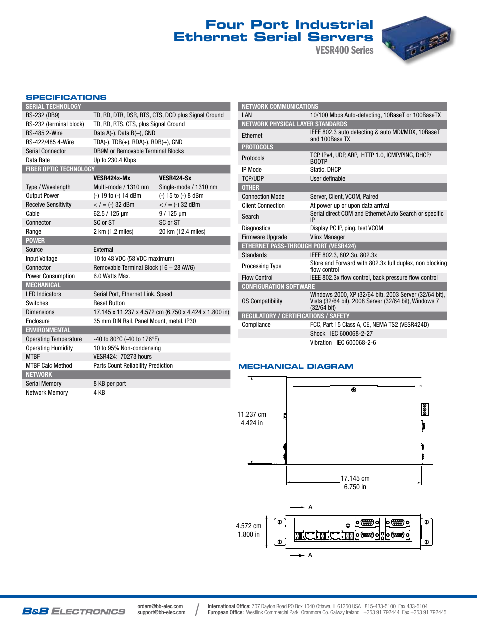 Four port industrial ethernet serial servers, Vesr400 series | B&B Electronics VESR4X4 - Datasheet User Manual | Page 2 / 2