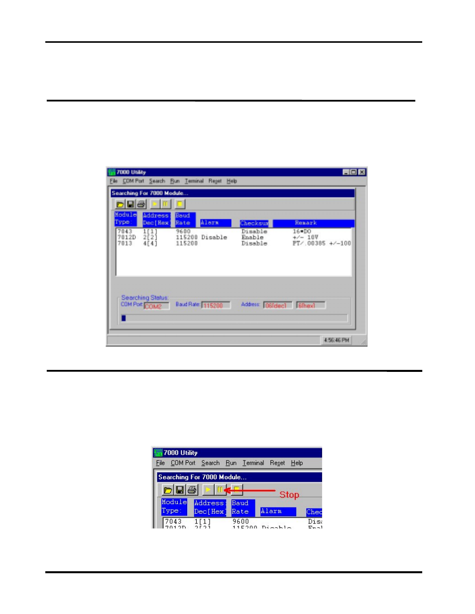 Operating the 7000 utility, Main window of the 7000 utility, Stopping search | B&B Electronics I-7060 - Quick Start Guide User Manual | Page 16 / 56