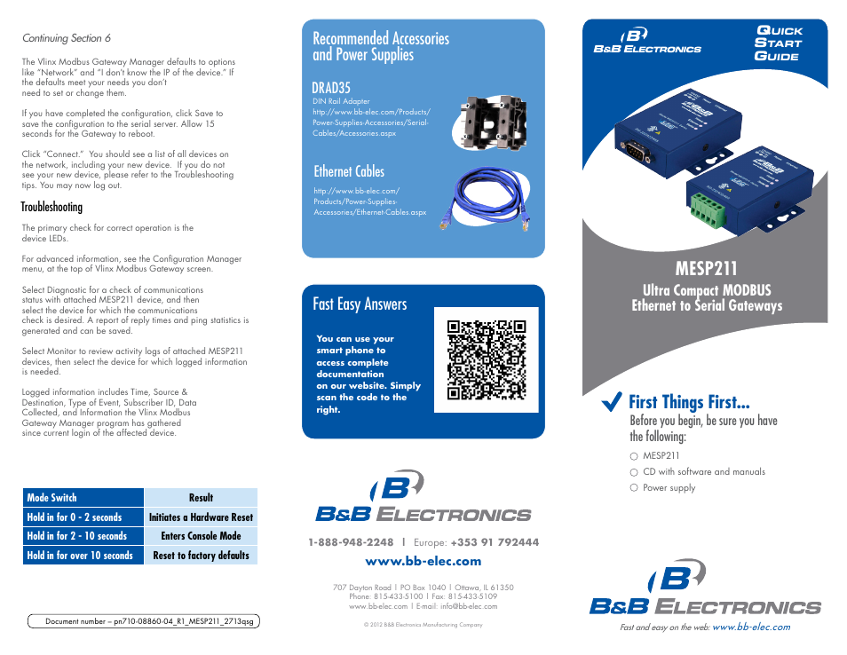 Mesp211, First things first, Fast easy answers | Recommended accessories and power supplies, Ultra compact modbus ethernet to serial gateways, Drad35, Ethernet cables, Before you begin, be sure you have the following | B&B Electronics MESP211D_T - Quick Start Guide User Manual | Page 2 / 2