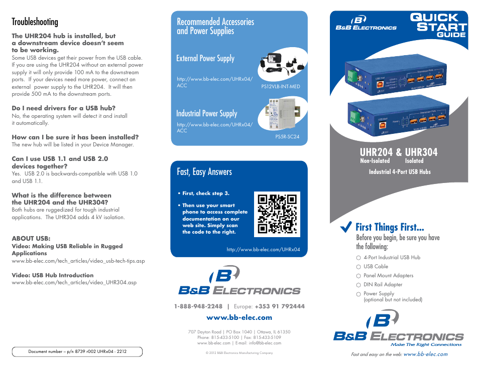 First things first, Troubleshooting, Recommended accessories and power supplies | Fast, easy answers, Industrial power supply external power supply | B&B Electronics UHR304 - Quick Start Guide User Manual | Page 2 / 2