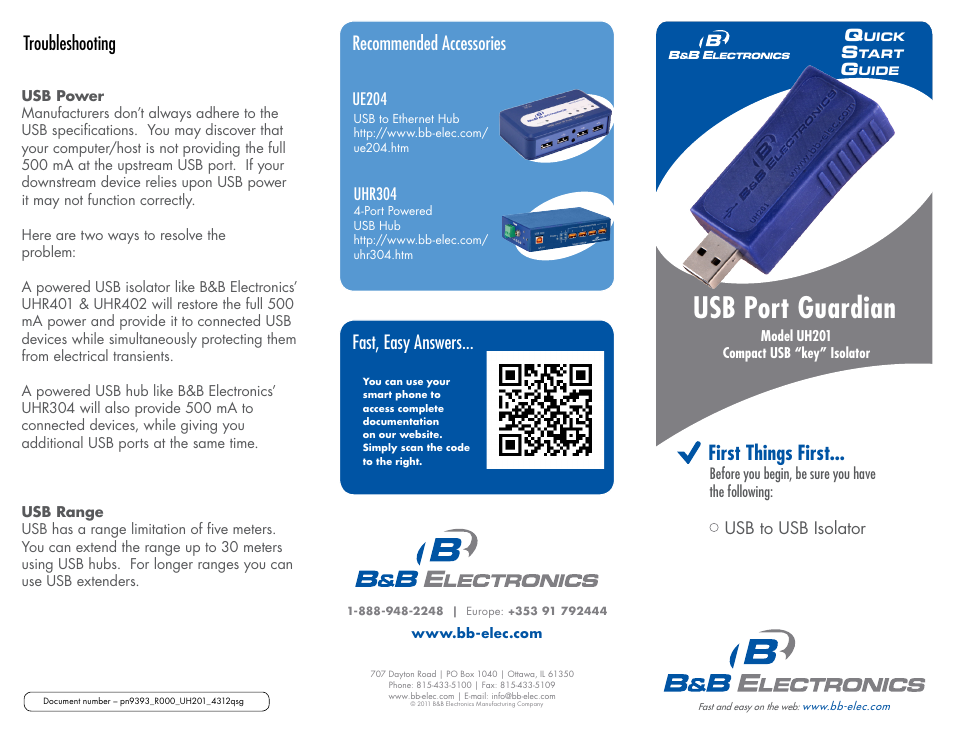 Usb port guardian, First things first, Troubleshooting fast, easy answers | Recommended accessories | B&B Electronics UH201 - Quick Start Guide User Manual | Page 2 / 2