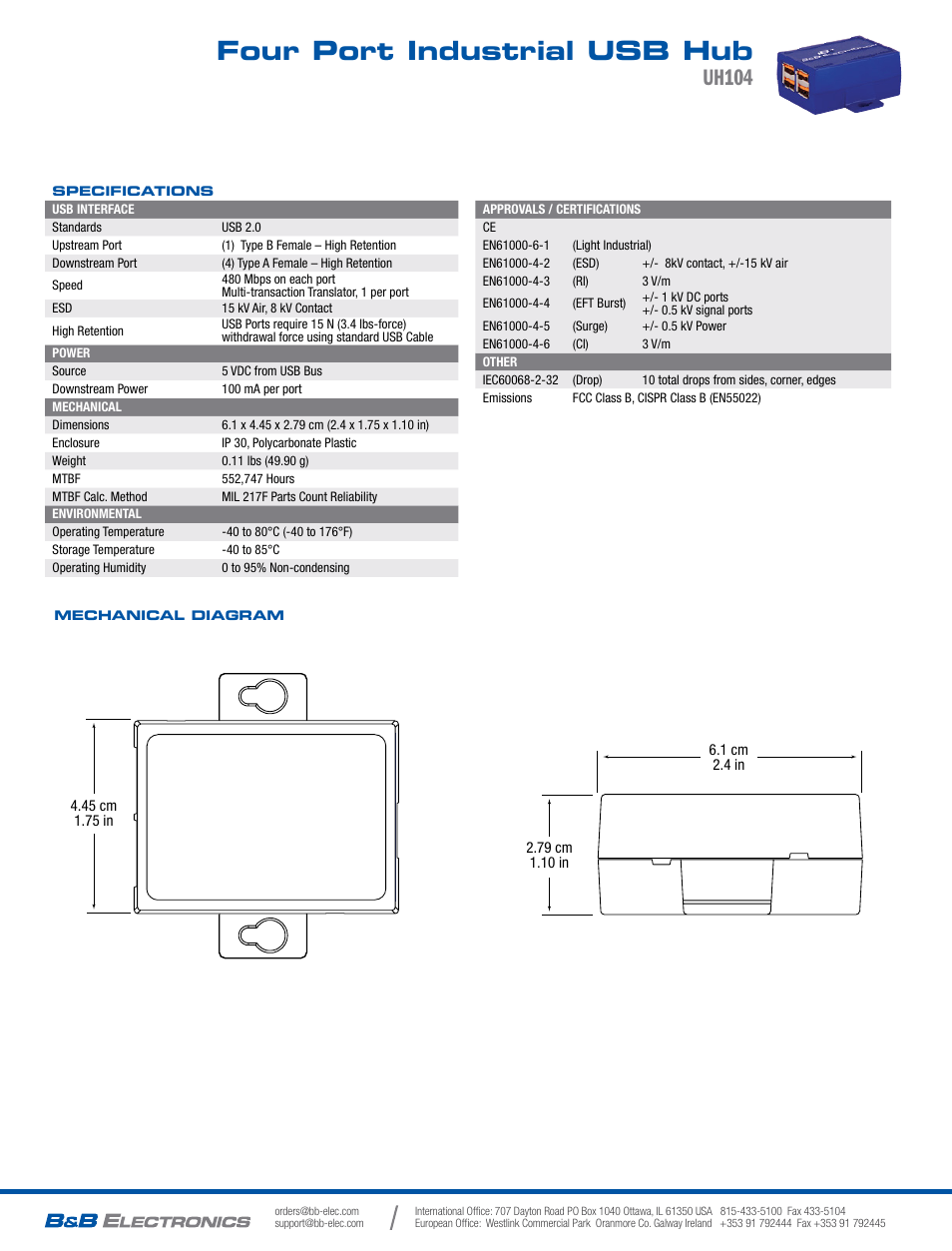 Four port industrial usb hub, Uh104 | B&B Electronics UH104 - Datasheet User Manual | Page 2 / 2