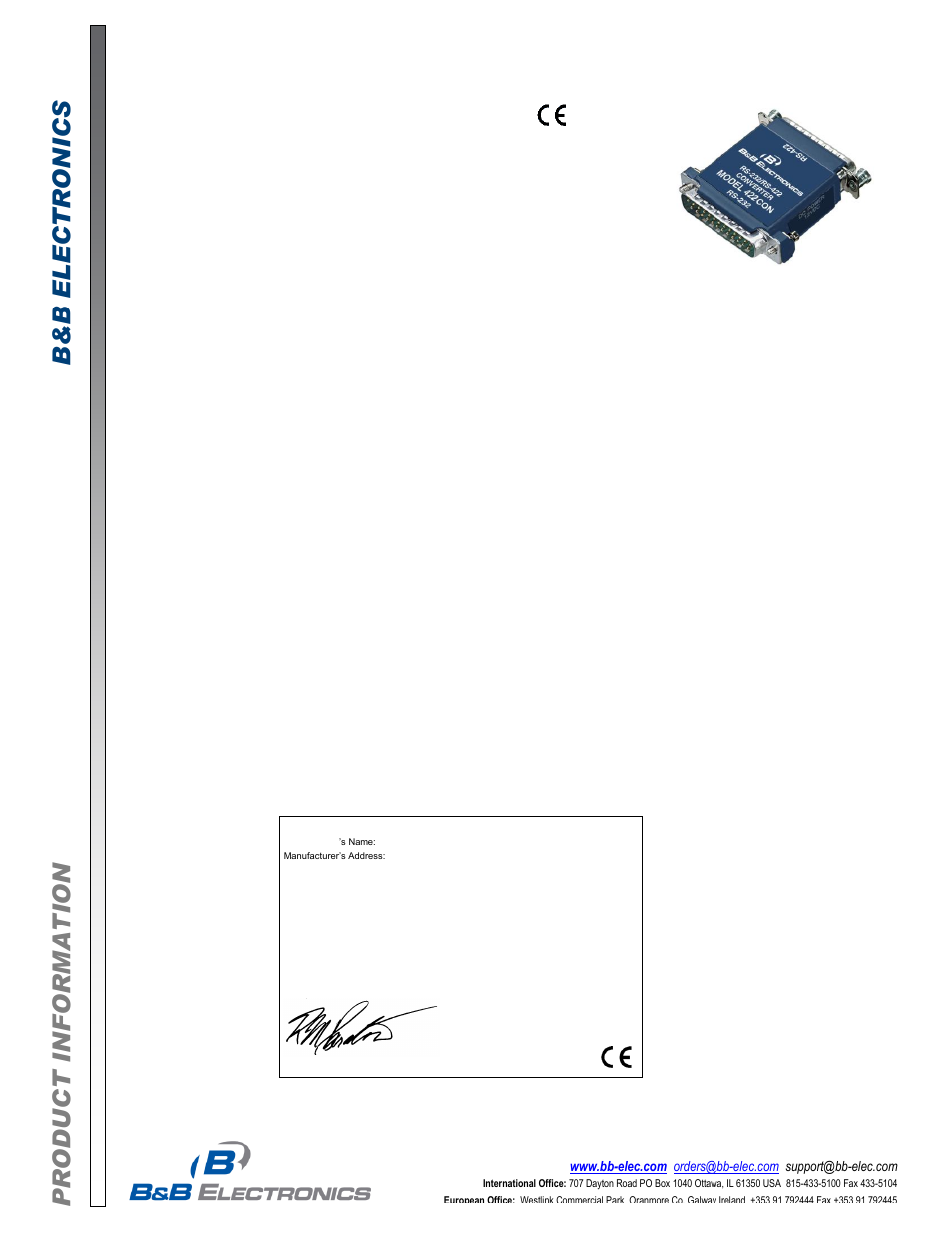 B&B Electronics 422CON - Datasheet User Manual | 2 pages