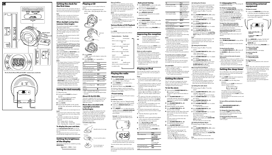 Setting the clock for the first time, Setting the clock manually, Setting the brightness of the display | Playing a cd, Playing the radio, Improving the reception, Playing an ipod, Setting the alarm, Setting the sleep timer, Connecting external equipment | Sony ICF-CD3IP User Manual | Page 2 / 2