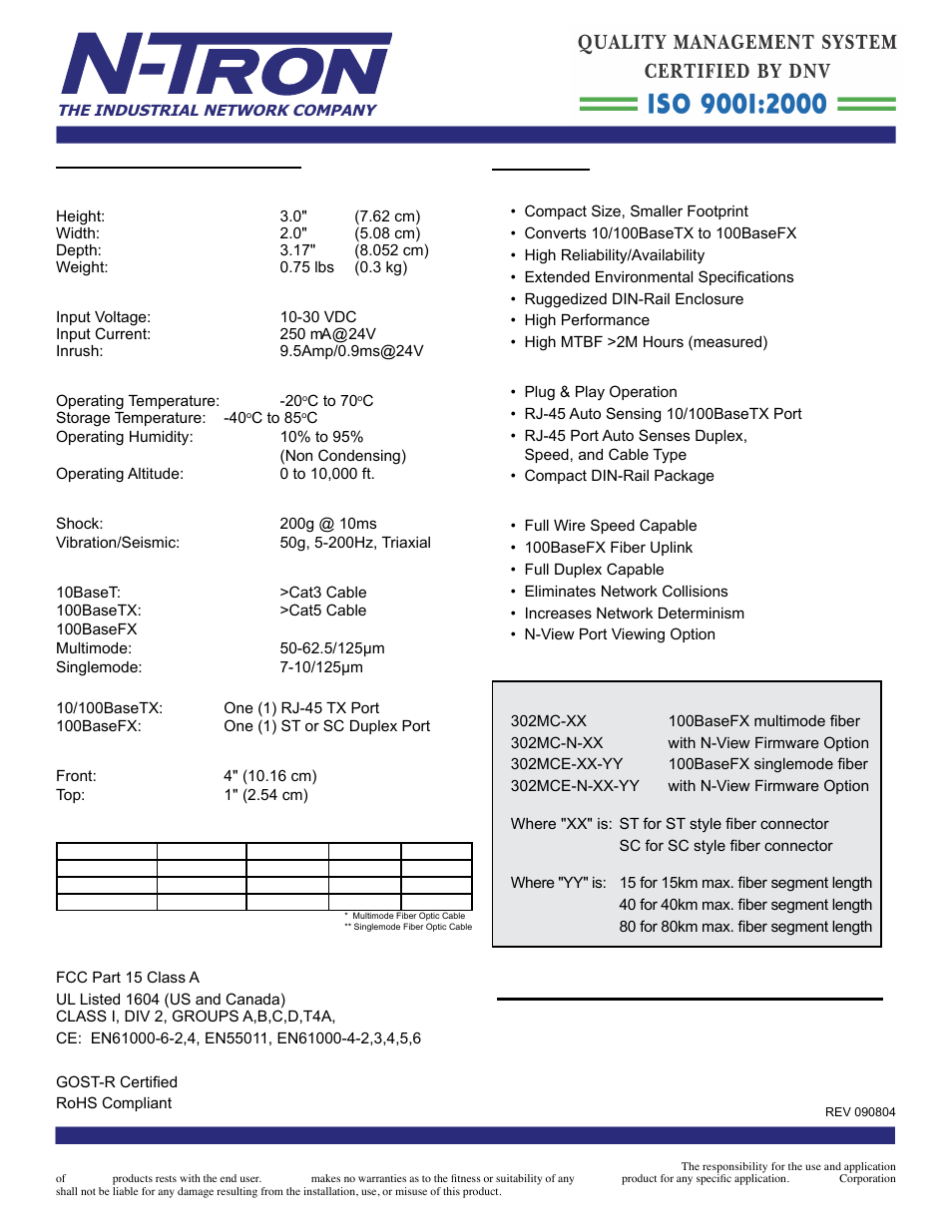 Benefits industrial media converter, Ease of use, Increased performance | 302mc-n specifications case dimensions, Electrical, Environmental, Shock and vibration (bulkhead mounting), Network media, Connectors, Recommended wiring clearance | B&B Electronics 302MC-SC_ST - Datasheet User Manual | Page 2 / 3