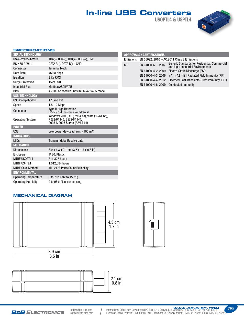 In-line usb converters, Usoptl4 & usptl4 | B&B Electronics USPTL4-LS - Datasheet User Manual | Page 2 / 2