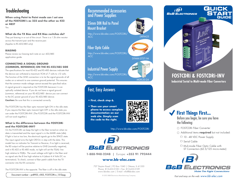 First things first, Fostcdri & fostcdri-inv, Troubleshooting | Recommended accessories and power supplies, Fast, easy answers, Industrial power supply, Before you begin, be sure you have the following | B&B Electronics FOSTCDRI-INV - Quick Start Guide User Manual | Page 2 / 3