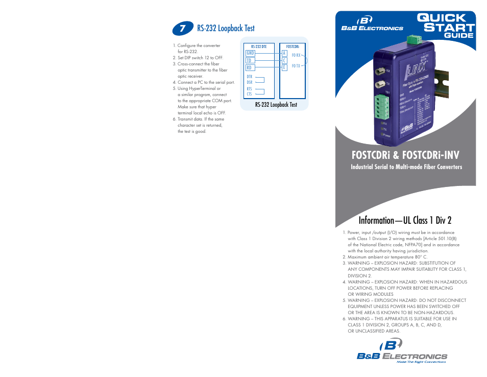 Fostcdri & fostcdri-inv, Information—ul class 1 div 2, Rs-232 loopback test | B&B Electronics FOSTCDRI-INV - Quick Start Guide User Manual | Page 3 / 3