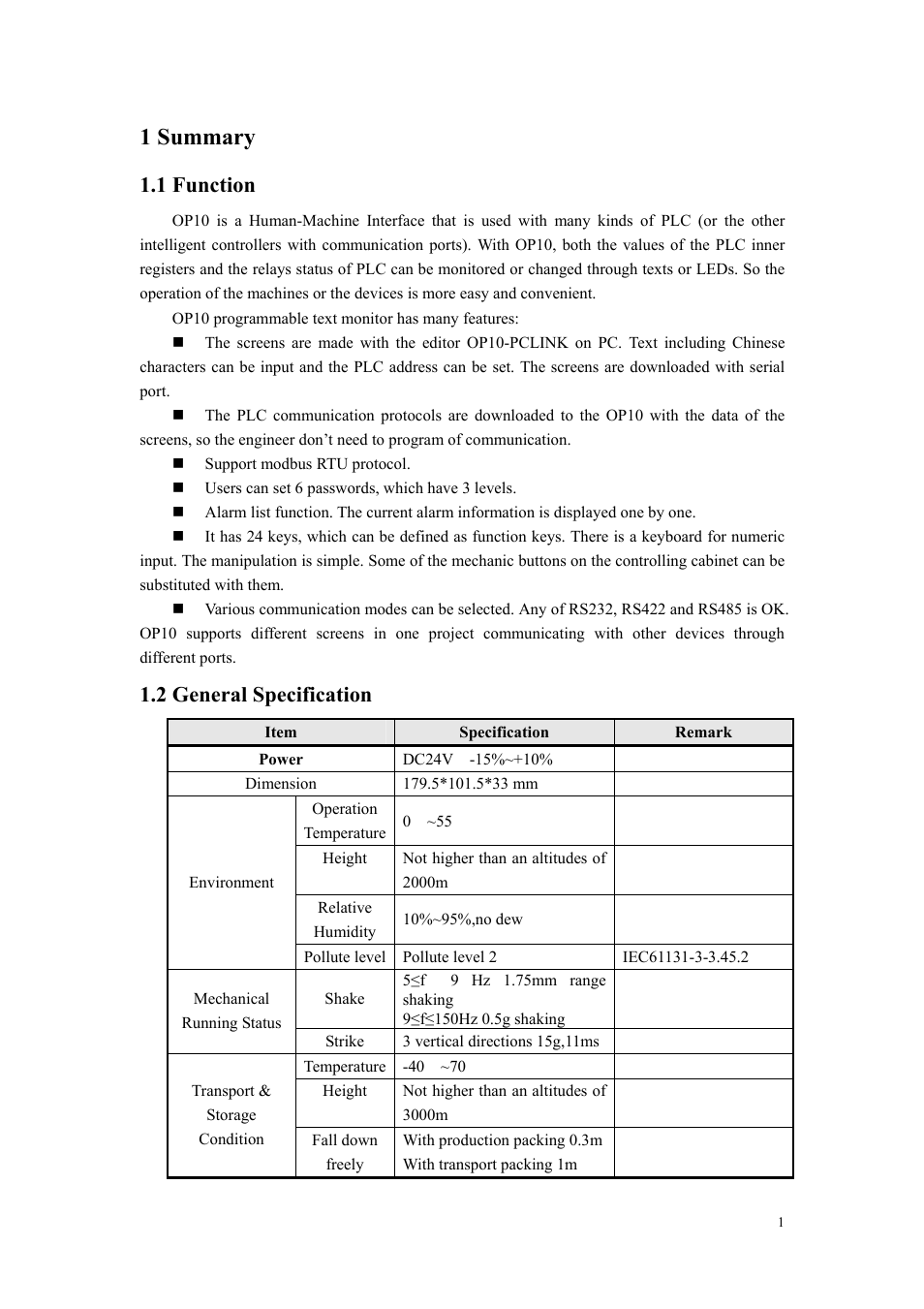 1 summary, 1 function, 2 general specification | 1 function 1.2 general specification | B&B Electronics OP10 - Manual User Manual | Page 4 / 65