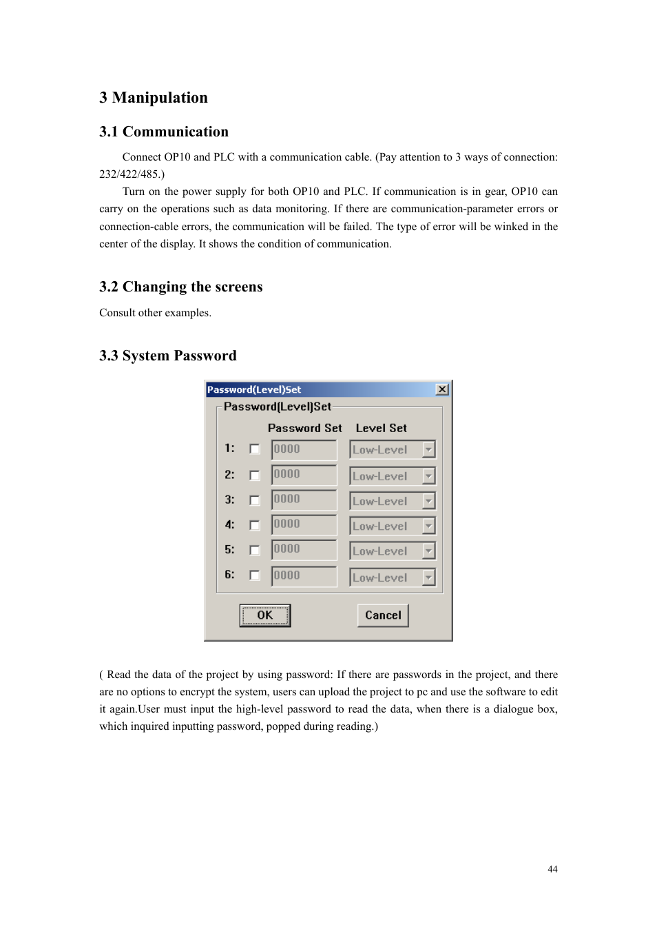 3 manipulation, 1 communication, 2 changing the screens | 3 system password | B&B Electronics OP10 - Manual User Manual | Page 47 / 65