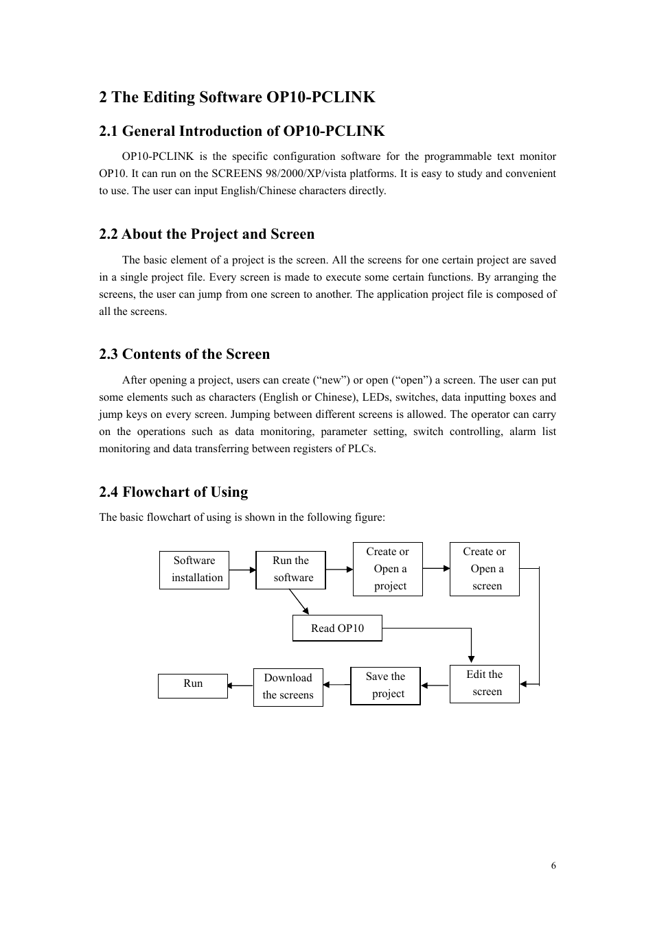 2 the editing software op10-pclink, 1 general introduction of op10-pclink, 2 about the project and screen | 3 contents of the screen, 4 flowchart of using | B&B Electronics OP10 - Manual User Manual | Page 9 / 65