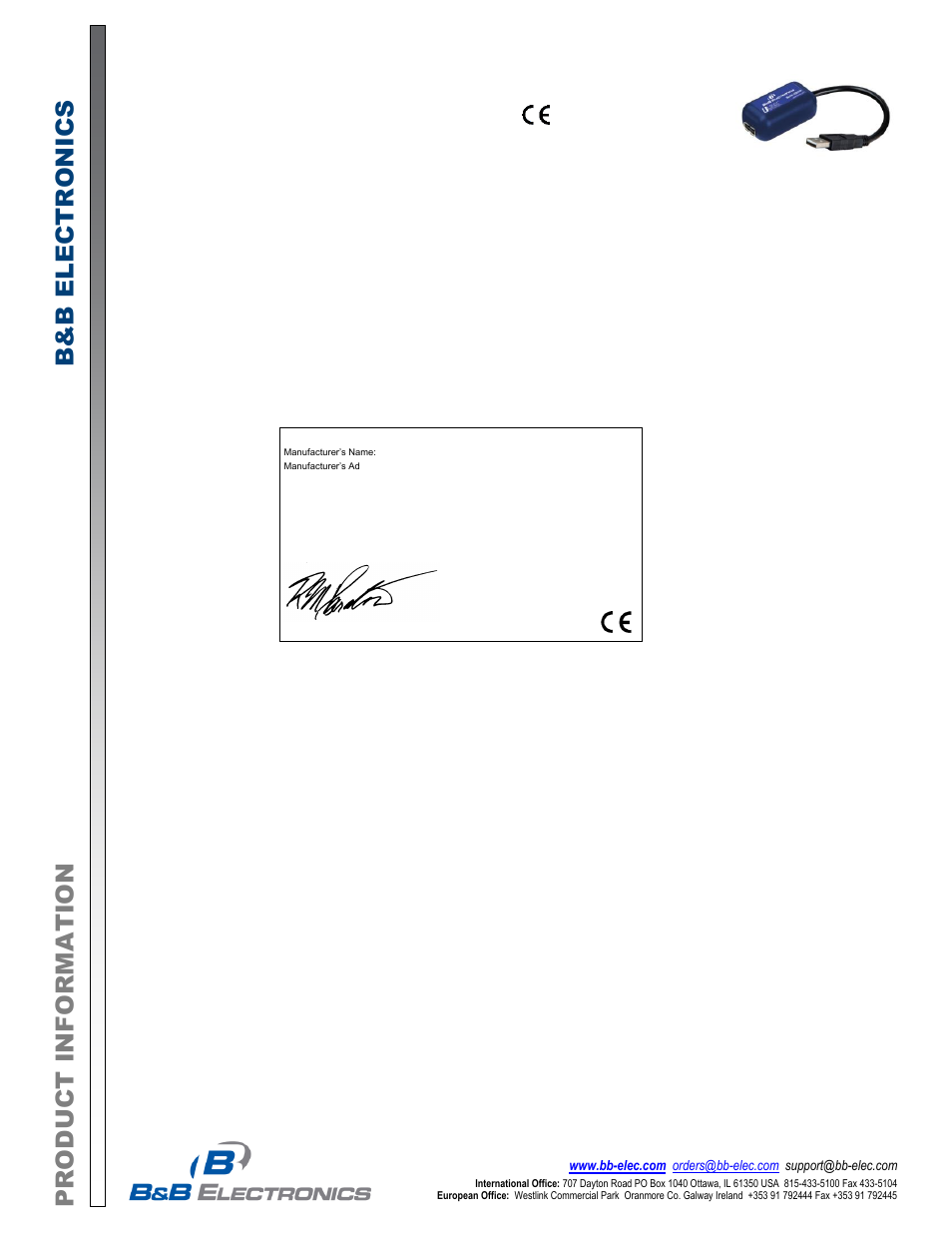 B&B Electronics USBSSP - Datasheet User Manual | 1 page