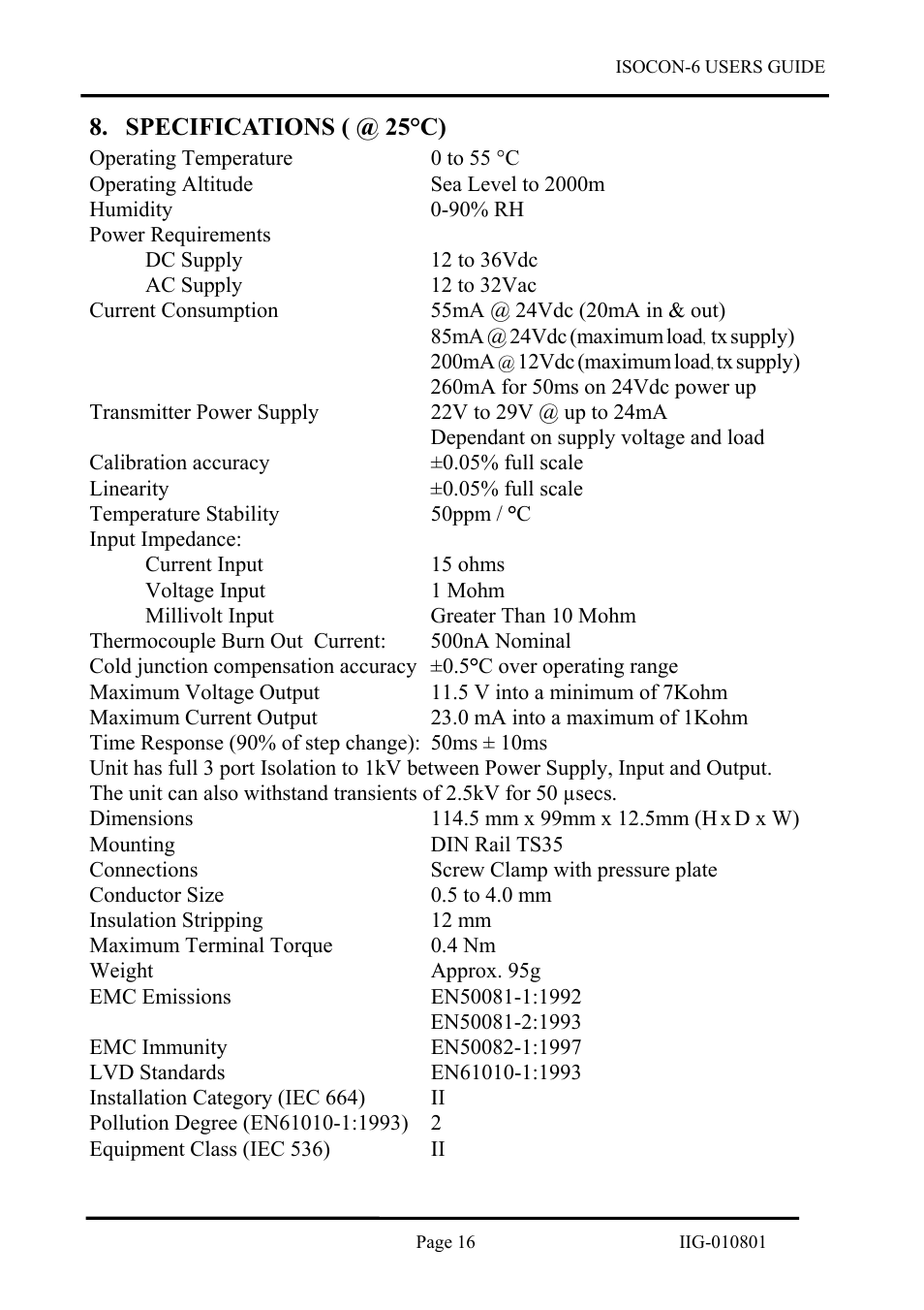 Specifications \( @ 25°c\), Specifications ( @ 25°c) | B&B Electronics ISOCON-6 - Manual User Manual | Page 16 / 16