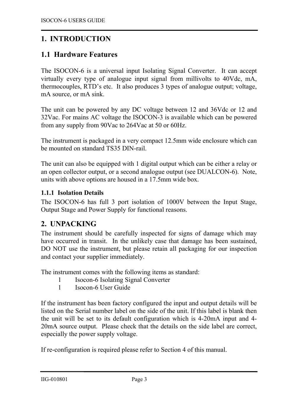 Introduction, Hardware features, Isolation details | Unpacking, Introduction 1.1 hardware, Features, 1 isolation, Details | B&B Electronics ISOCON-6 - Manual User Manual | Page 3 / 16