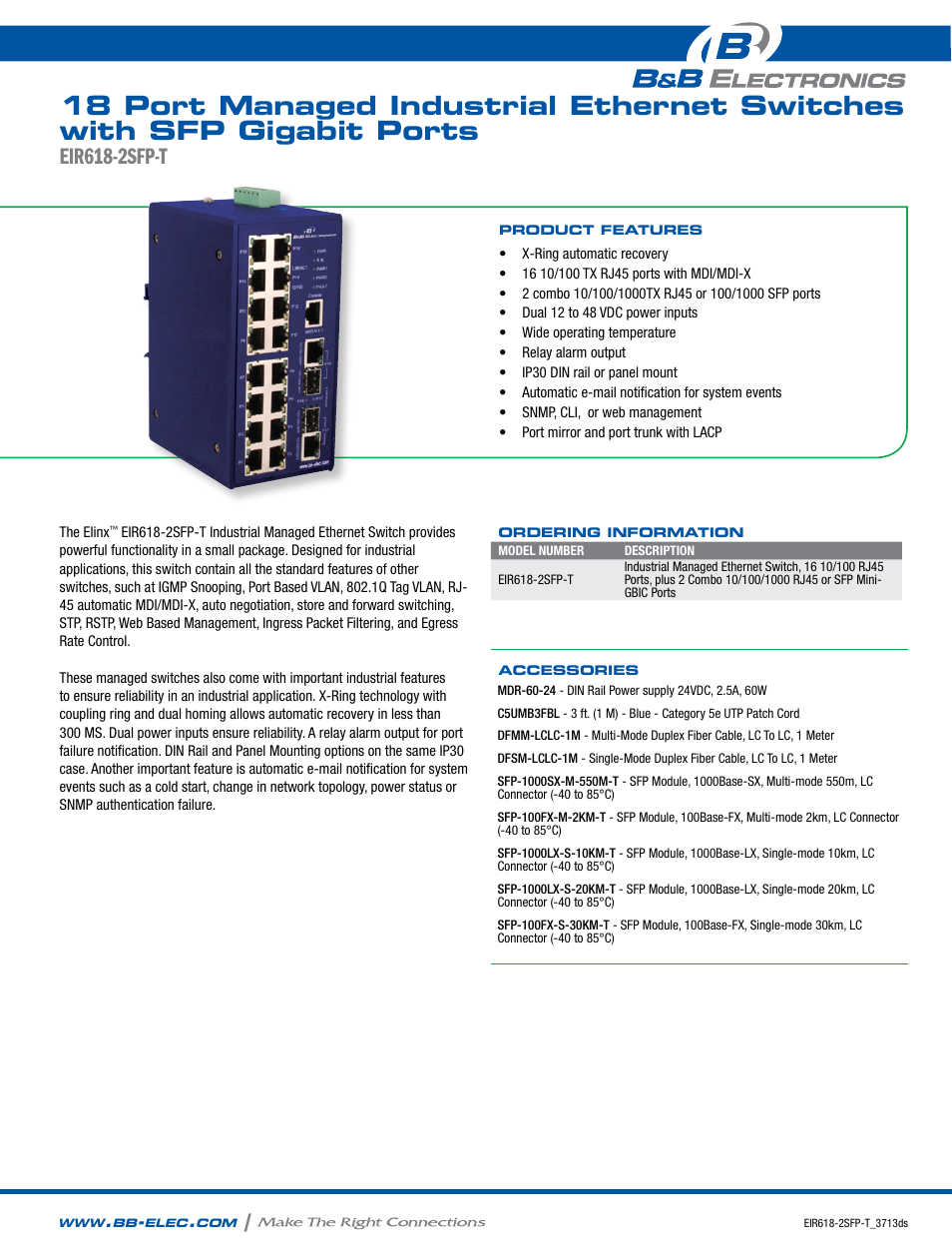 B&B Electronics EIR618-2SFP-T - Datasheet User Manual | 2 pages