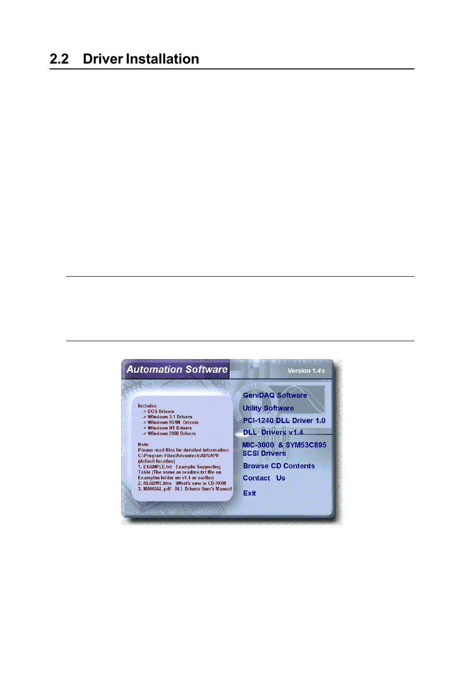 2 driver installation, 3 hardware installation, Driver installation | Figure 2-1, The setup screen of advantech automation software | B&B Electronics PCI-1711 - Manual User Manual | Page 19 / 118