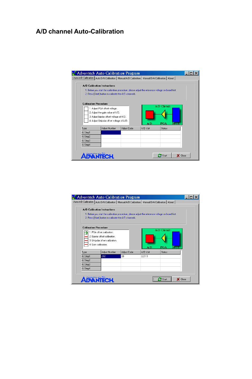 Figure 5-6: auto a/d calibration dialog box, Figure 5-7: a/d calibration procedure 1, Figure 5-6 | Auto a/d calibration dialog box, Figure 5-7, A/d calibration procedure 1 | B&B Electronics PCI-1711 - Manual User Manual | Page 54 / 118