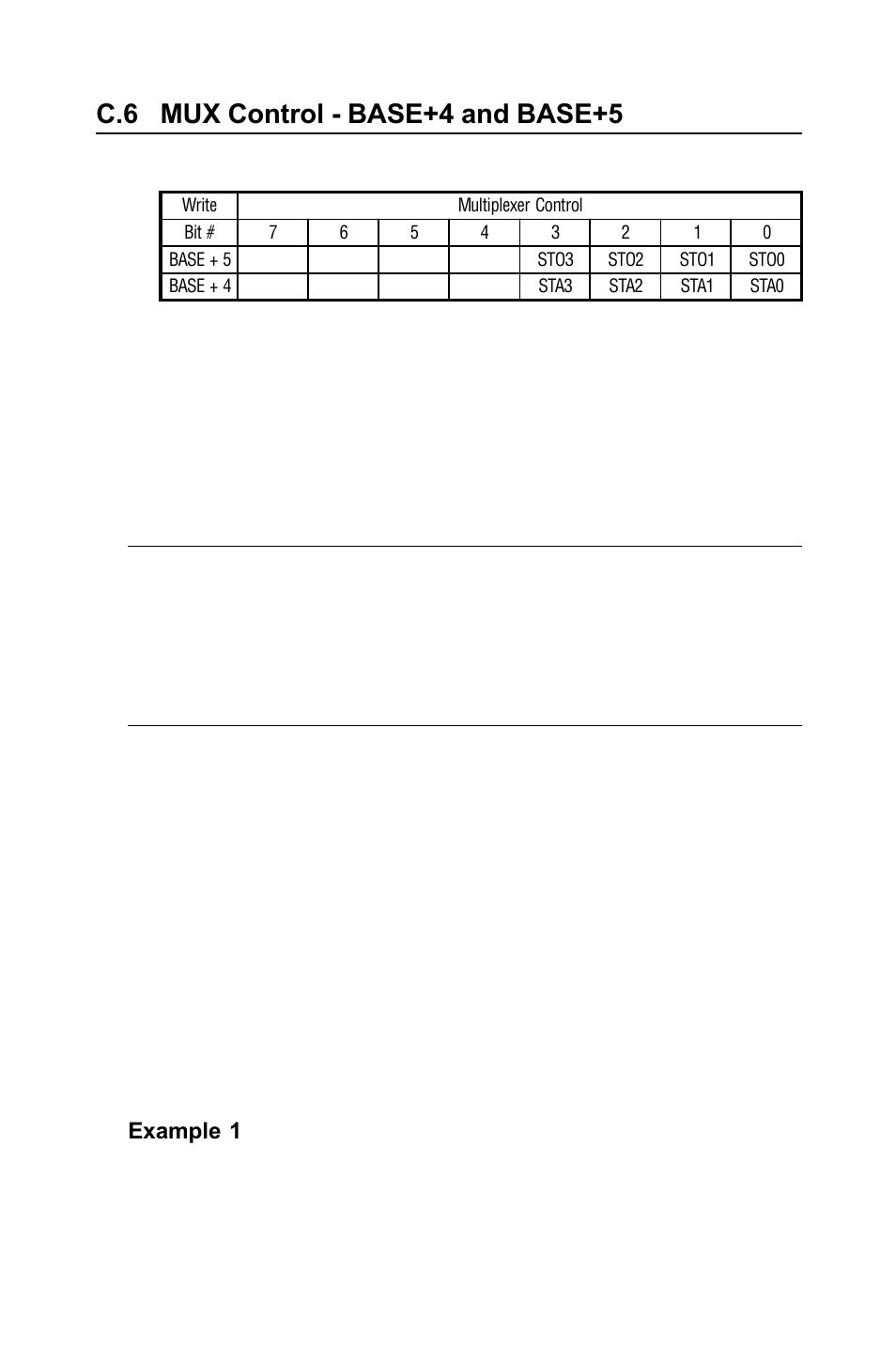 C.6 mux control - base+4 and base+5, C.7 control register - base+6, Table c-8: register for multiplexer control | Mux control - base+4 and base+5, Table c-8, Register for multiplexer control | B&B Electronics PCI-1711 - Manual User Manual | Page 89 / 118