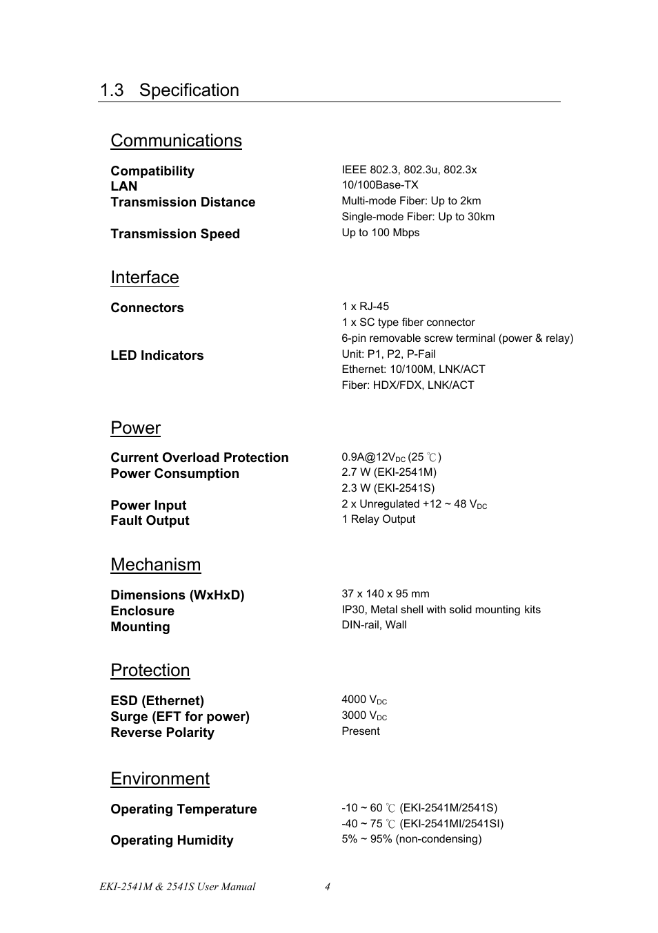 3 specification, Communications, Interface | Power, Mechanism, Protection, Environment | B&B Electronics EKI-2541S_SI - Manual User Manual | Page 12 / 30