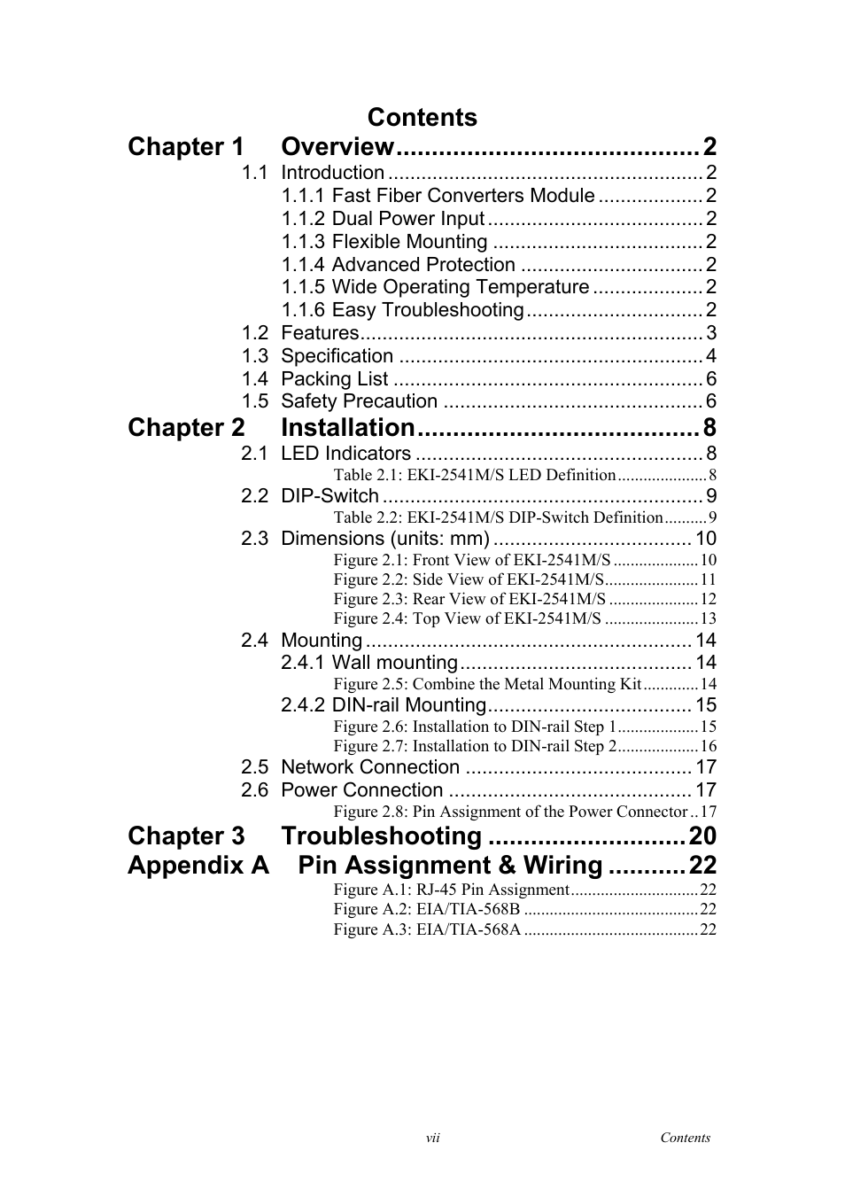 Contents chapter 1, Overview, Chapter 2 | Installation, Chapter 3, Troubleshooting, Appendix a pin assignment & wiring | B&B Electronics EKI-2541S_SI - Manual User Manual | Page 7 / 30