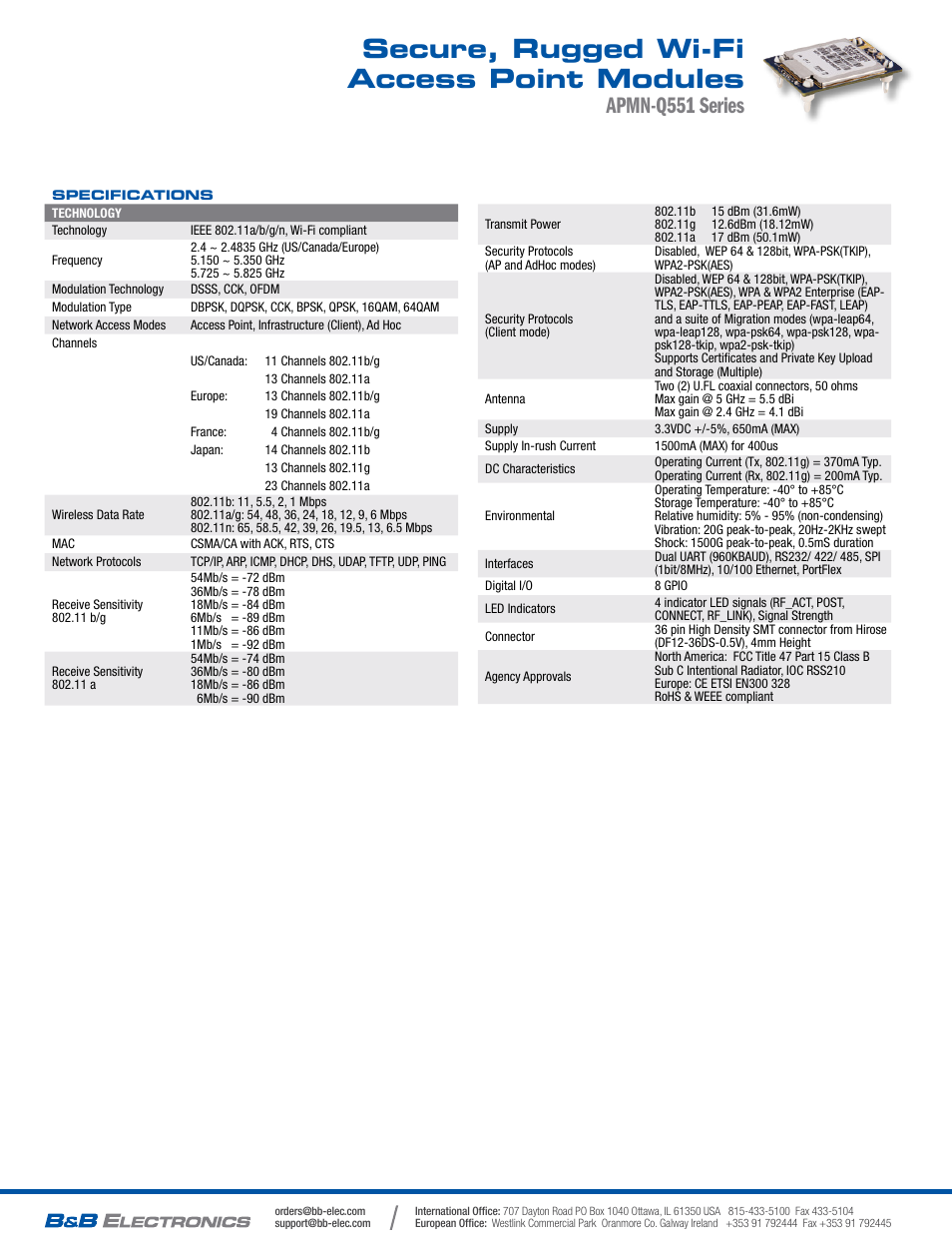 Secure, rugged wi-fi access point modules, Apmn-q551 series | B&B Electronics APMN-Q551 - Datasheet User Manual | Page 2 / 2