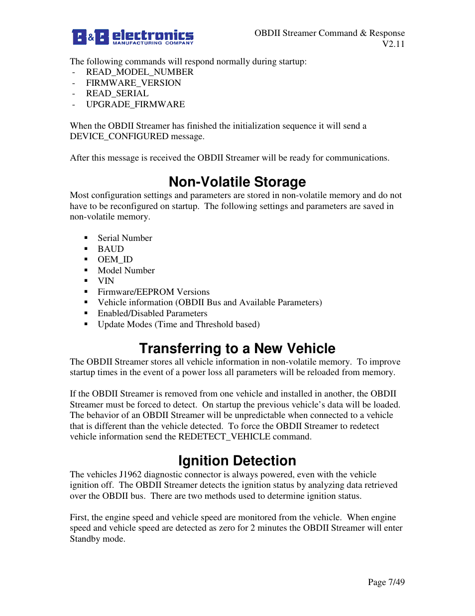 Non-volatile storage, Transferring to a new vehicle, Ignition detection | B&B Electronics LDVDSV2-S-P9D - Manual User Manual | Page 7 / 49