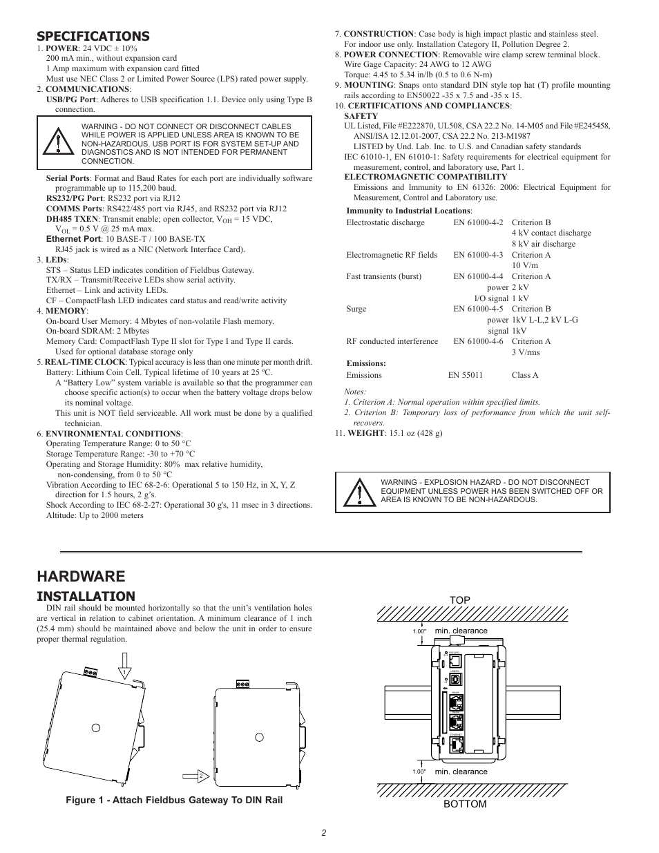 Hardware, Specifications, Installation | B&B Electronics VFG1000 - Quick Start Guide User Manual | Page 2 / 8