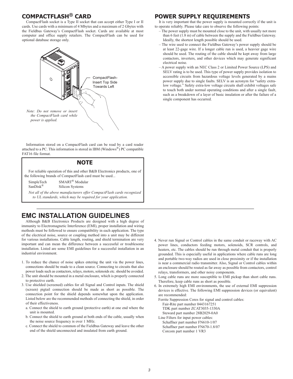 Emc installation guidelines, Compactflash, Card | Power supply requirements | B&B Electronics VFG1000 - Quick Start Guide User Manual | Page 3 / 8