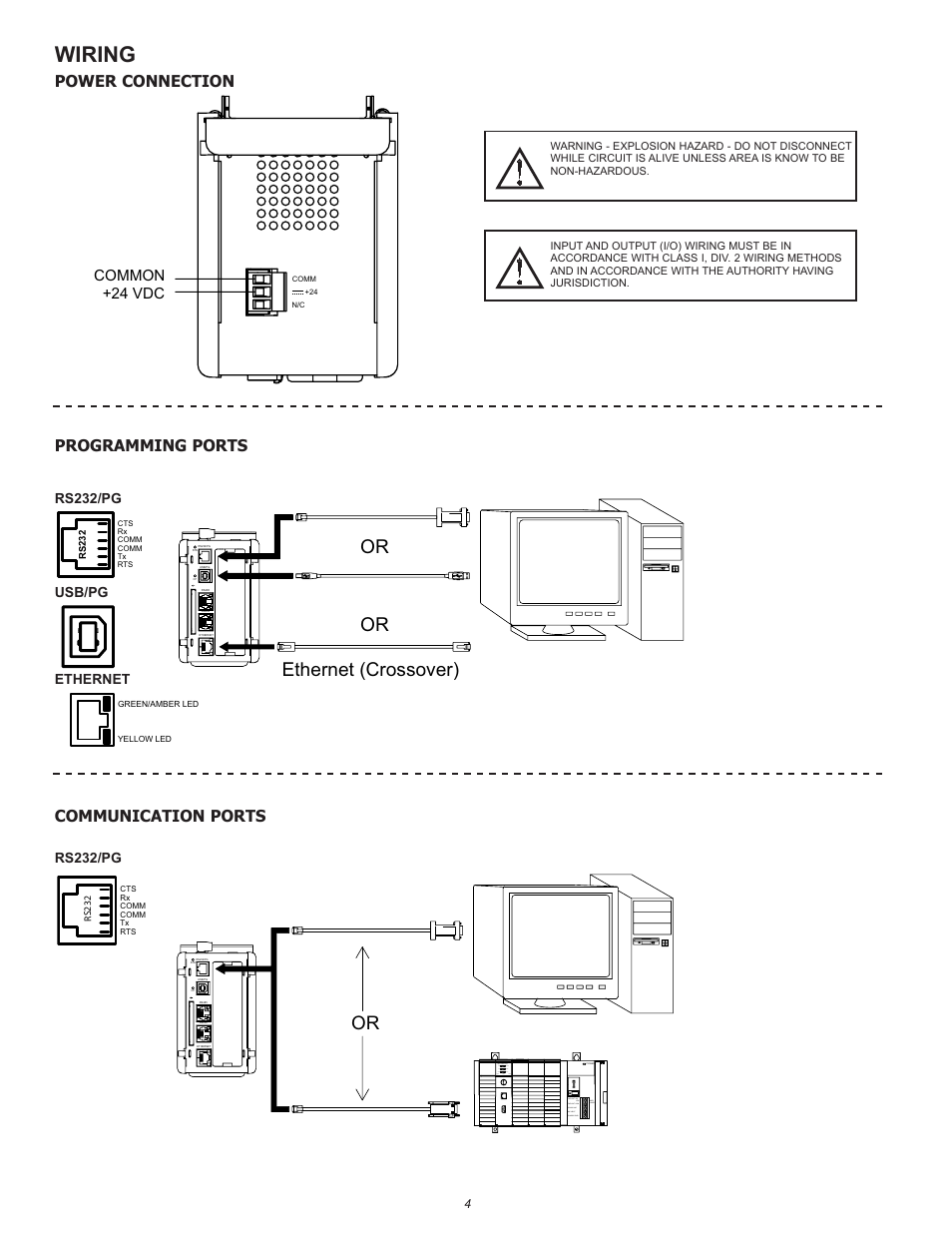 Wiring, Or ethernet (crossover) or, Communication ports | Power connection programming ports, Common +24 vdc, Chassis gnd | B&B Electronics VFG1000 - Quick Start Guide User Manual | Page 4 / 8