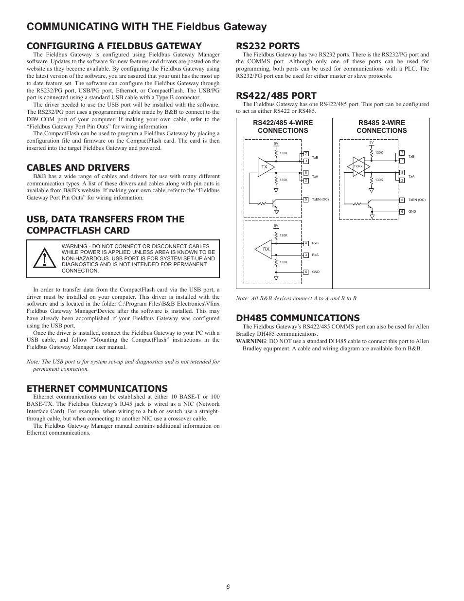 Communicating with the fieldbus gateway, Configuring a fieldbus gateway, Cables and drivers | Usb, data transfers from the compactflash card, Ethernet communications, Rs232 ports, Dh485 communications | B&B Electronics VFG1000 - Quick Start Guide User Manual | Page 6 / 8