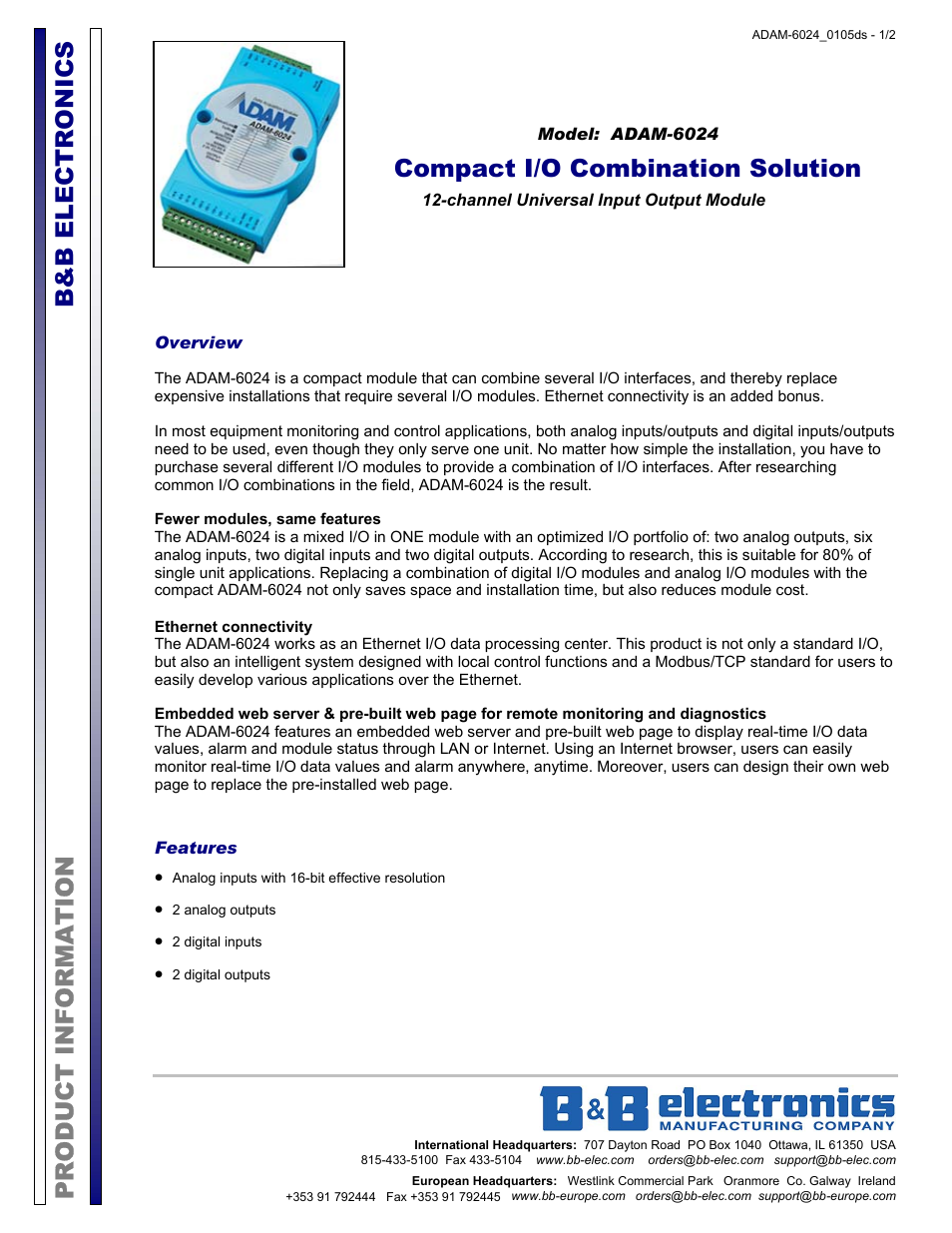 B&B Electronics ADAM-6024 - Datasheet User Manual | 2 pages
