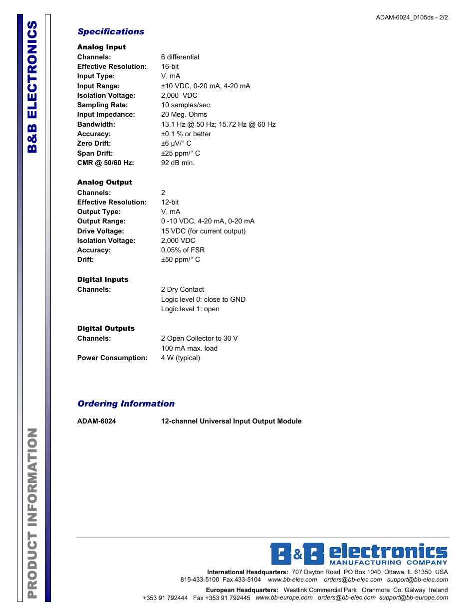 Product information b&b electronics | B&B Electronics ADAM-6024 - Datasheet User Manual | Page 2 / 2