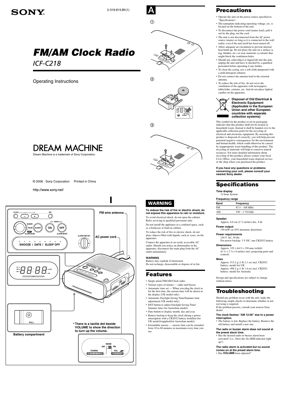 Sony ICF-C218 User Manual | 2 pages