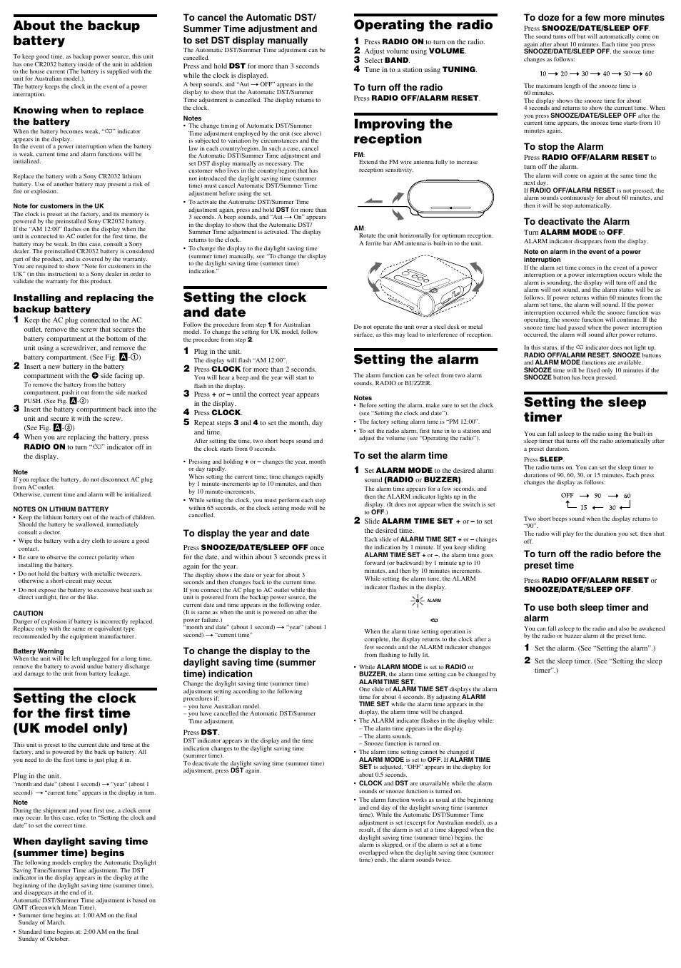 Operating the radio, Improving the reception, Setting the alarm | About the backup battery, Setting the clock and date, Setting the sleep timer | Sony ICF-C218 User Manual | Page 2 / 2