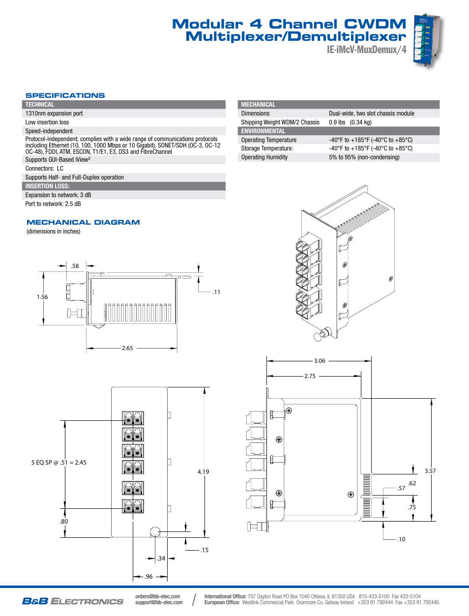 Modular 4 channel cwdm multiplexer/demultiplexer, Ie-imcv-muxdemux/4 | B&B Electronics 844-18155 - Datasheet User Manual | Page 2 / 2