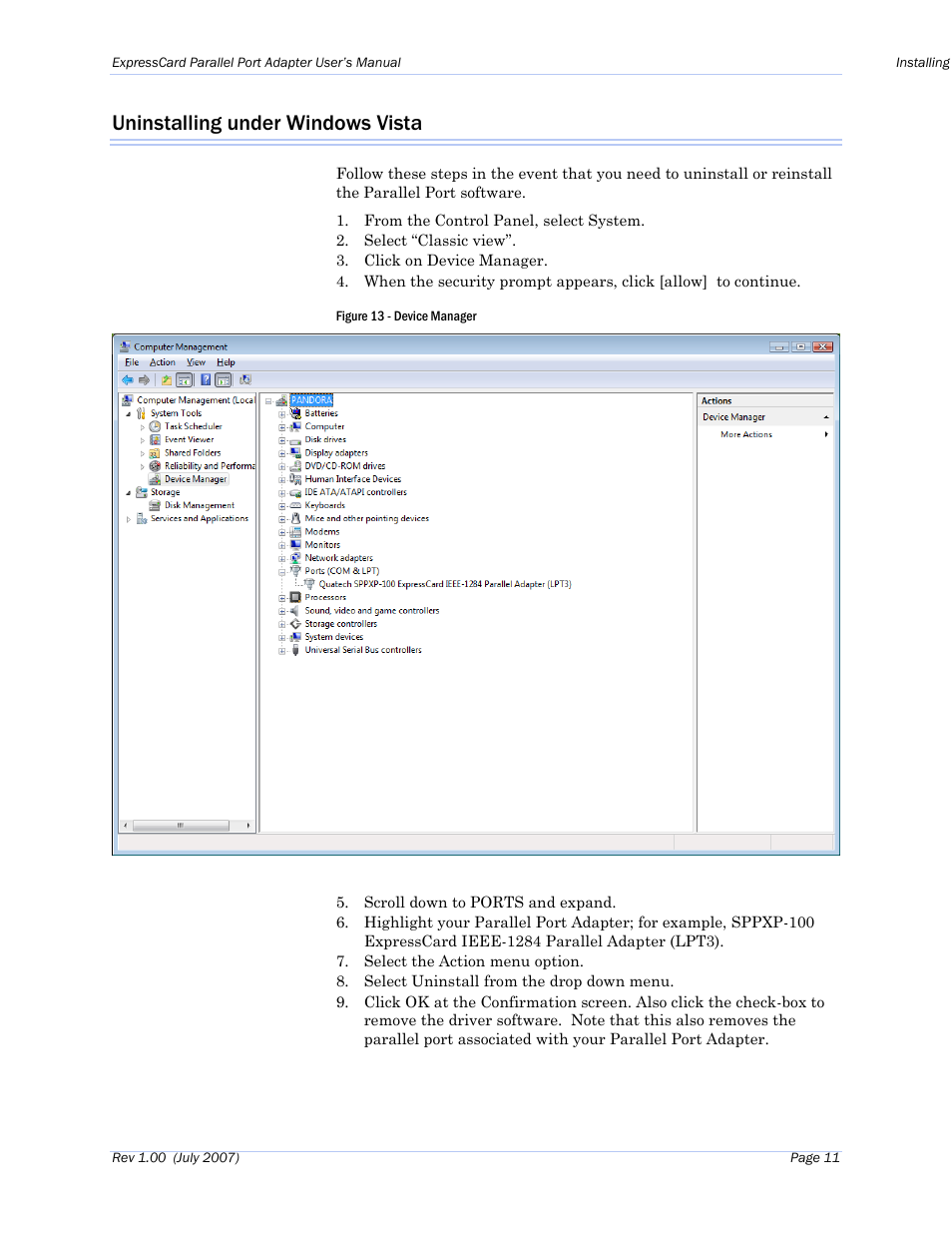 Uninstalling under windows vista, Figure 13 - device manager | B&B Electronics SPPXP-100 - Manual User Manual | Page 15 / 24