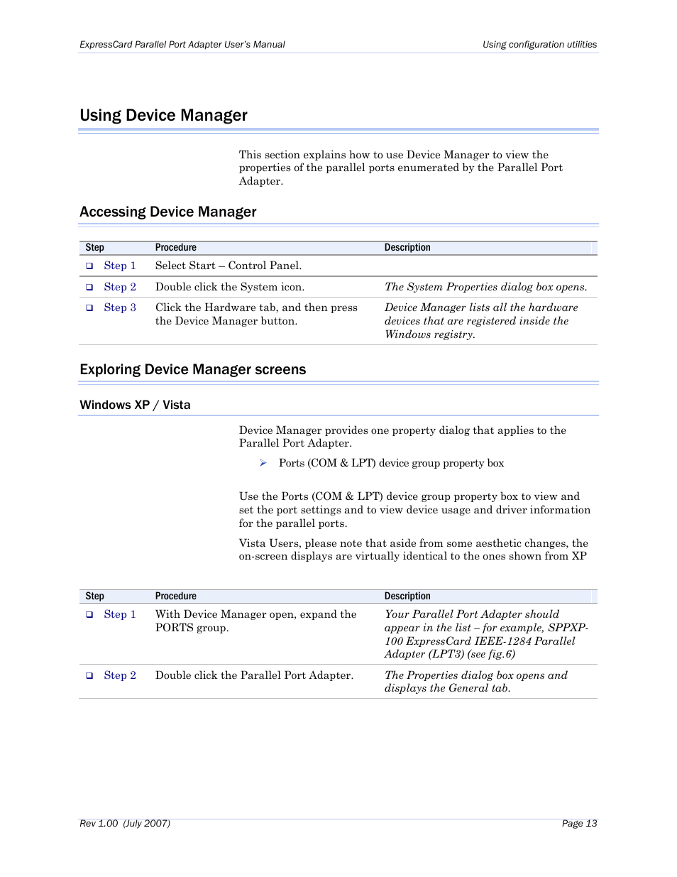 Using device manager, Accessing device manager, Exploring device manager screens | Windows xp / vista | B&B Electronics SPPXP-100 - Manual User Manual | Page 17 / 24