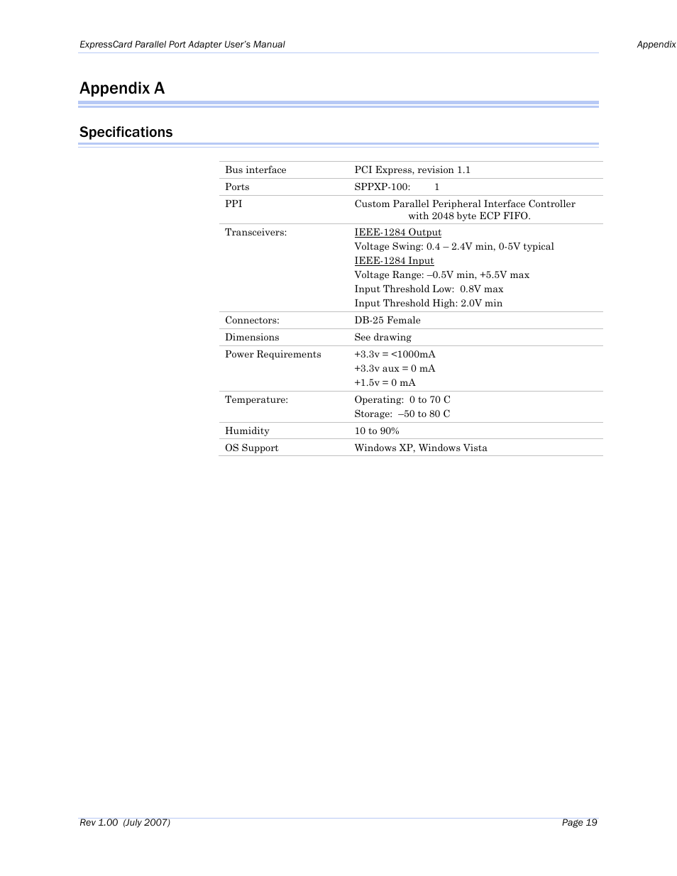 Appendix a, Specifications | B&B Electronics SPPXP-100 - Manual User Manual | Page 23 / 24
