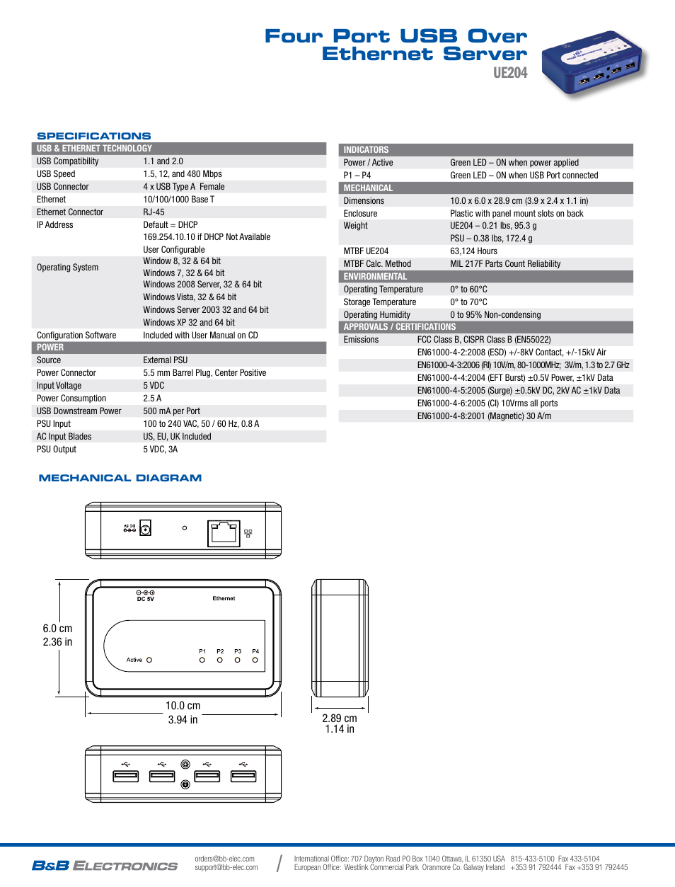 Four port usb over ethernet server, Ue204 | B&B Electronics UE204 - Datasheet User Manual | Page 2 / 2