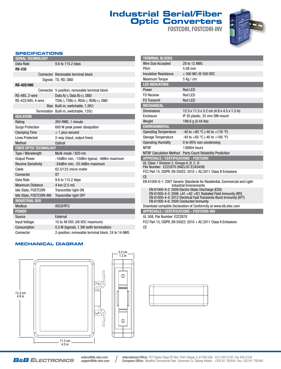 Industrial serial/fiber optic converters, Fostcdri, fostcdri-inv | B&B Electronics FOSTCDRI-INV - Datasheet User Manual | Page 2 / 2