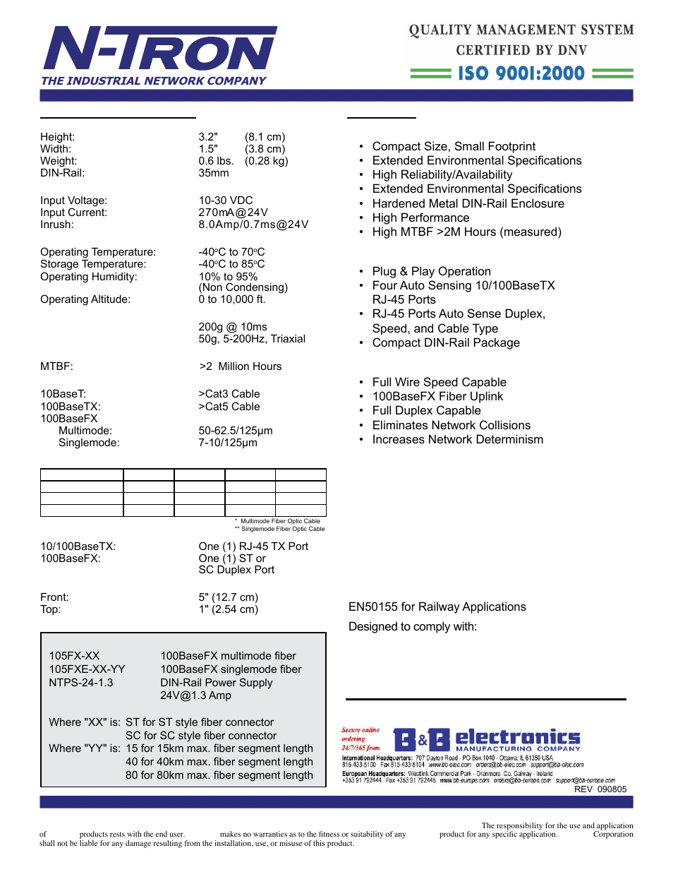 Benefits, 105fx specifications, Ordering information | Contact information | B&B Electronics 105FXE-SC(ST)-15 - Datasheet User Manual | Page 2 / 3